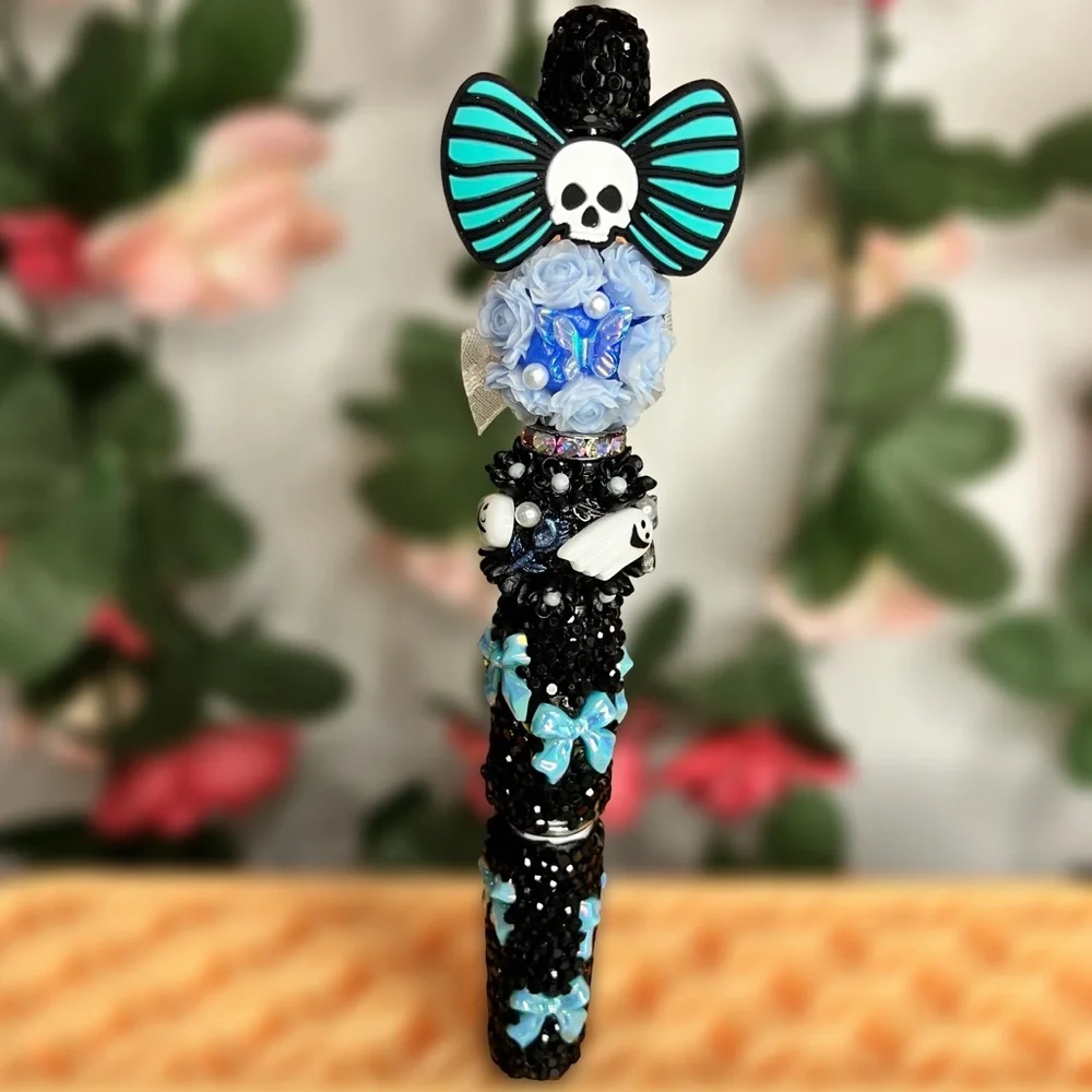 Blue and Black Skull Bow Floral Emo Aesthetic Rhinestone Handmade Beaded Pen